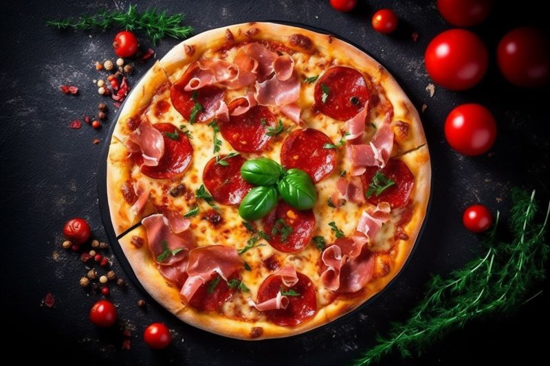 tomato food space copy italian cheese food meal pizza background black delicious fast. Generative AI.