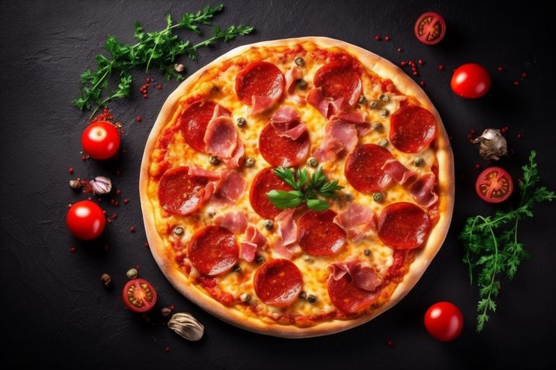 space cheese background italian fast meal tomato pizza rustic copy food black food. Generative AI.