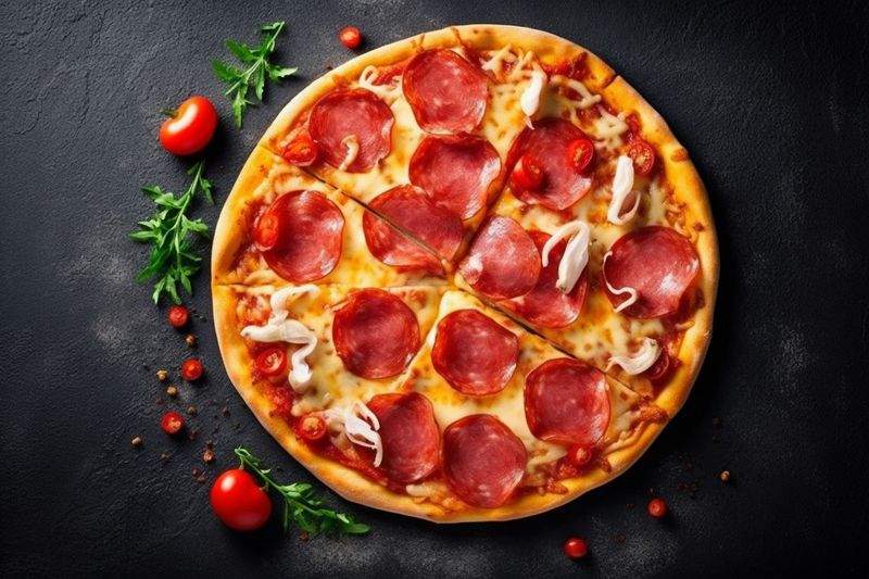 fast copy italian food cheese meal pizza background food space basil black tomato. Generative AI.