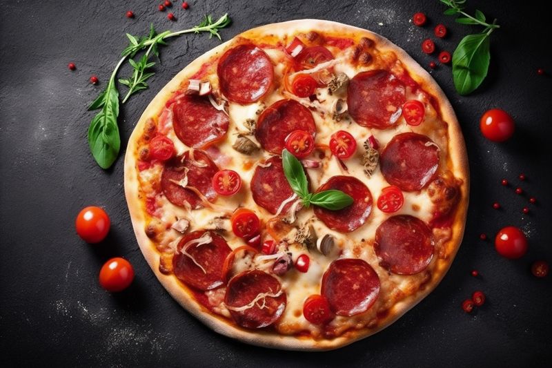 food meal cheese black tomato italian fast top space copy background food pizza. Generative AI.