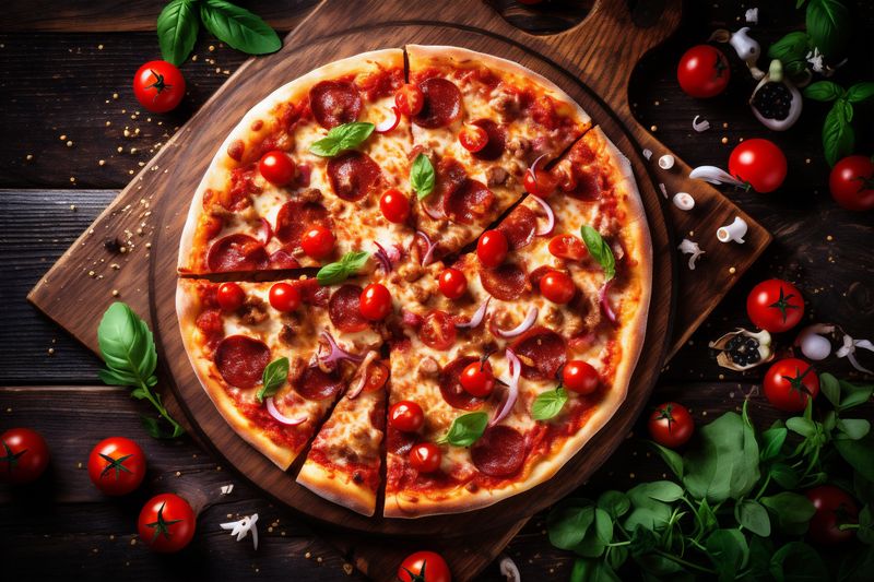 tomato cheese copy food meal black space fast italian background pizza mozzarella food. Generative AI.