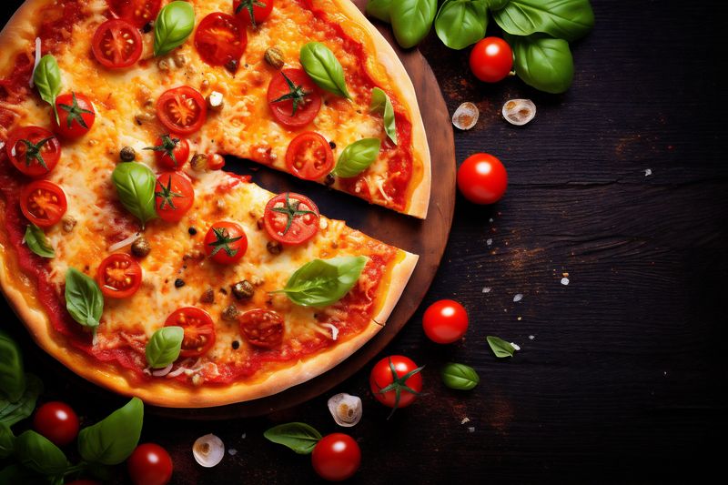 lunch background tomato food copy italian black meal fast space food cheese pizza. Generative AI.