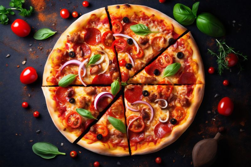meal space italian food copy cheese food background pizza tomato black fast vegetable. Generative AI.