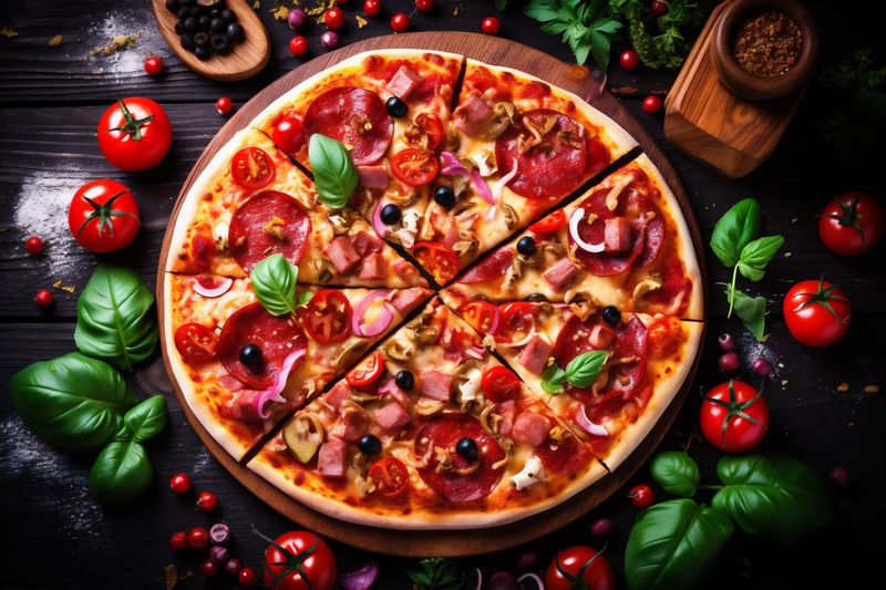 copy tomato fast meal space background cheese food pizza italian fast food black. Generative AI.