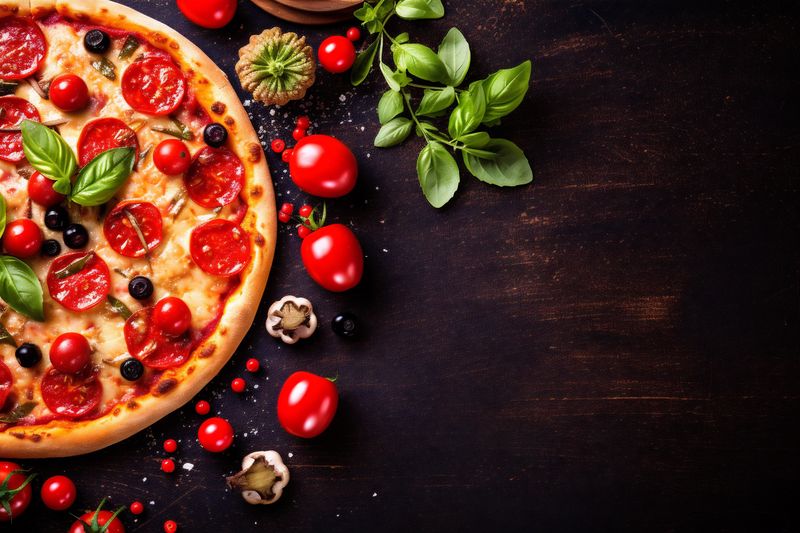 space food pepperoni background pizza tomato food fast cheese copy black italian meal. Generative AI.