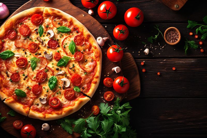 herb tomato copy italian cheese black food space pizza background food fast meal. Generative AI.