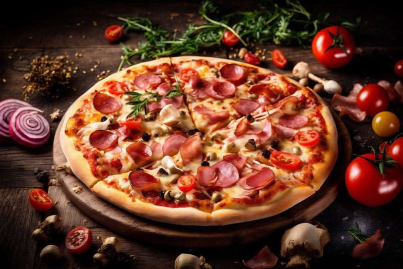 food black pepperoni tomato cheese meal food italian fast space pizza background copy. Generative AI.