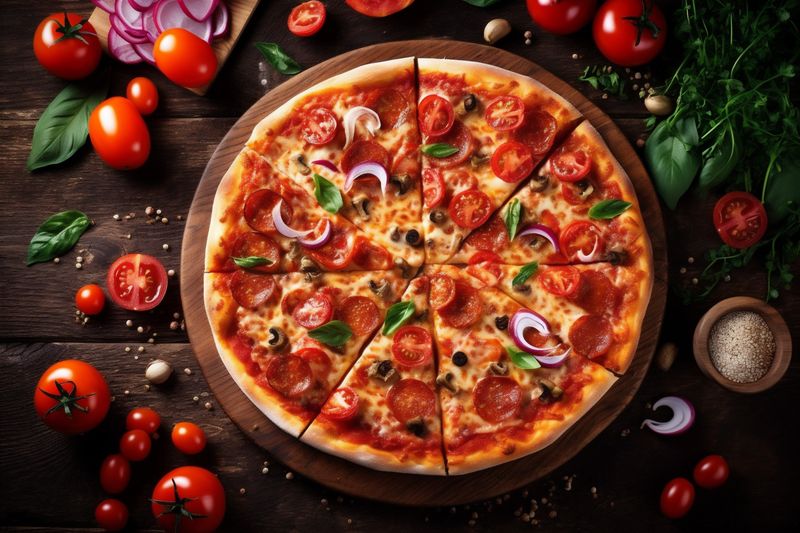 top space tomato background food black food meal italian pizza copy cheese fast. Generative AI.