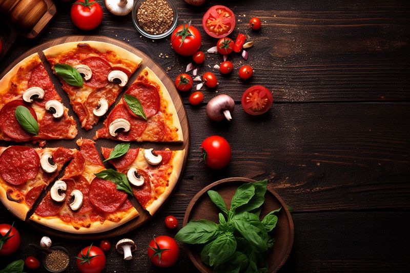 cheese meal tomato space italian black background salami copy food fast food pizza. Generative AI.