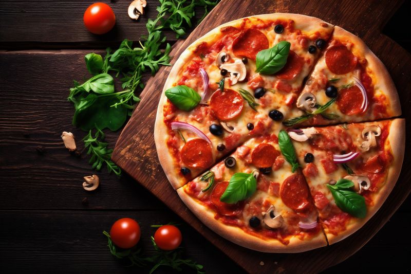 pizza food background copy fresh tomato food fast space meal cheese italian black. Generative AI.