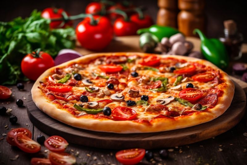 cheese meat space meal black tomato food background fast food pizza italian copy. Generative AI.