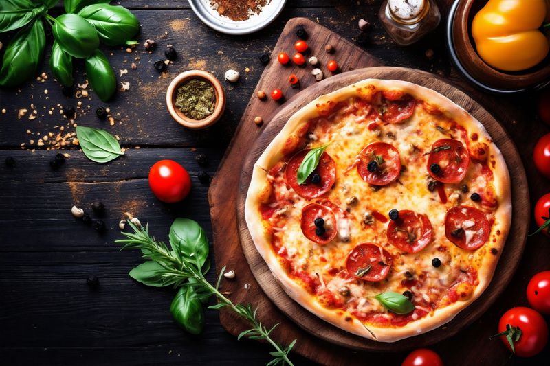 meal italian vegetable food tomato food fast cheese space pizza black background copy. Generative AI.