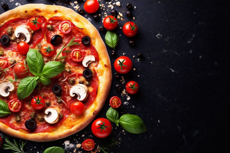 fast tomato background vegetable space food pizza meal copy food black cheese italian. Generative AI.