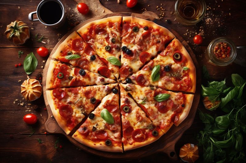 italian food meal space copy fast black background food tomato pizza cheese pepper. Generative AI.