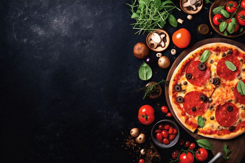 tasty food black food pizza background italian cheese space fast tomato meal copy. Generative AI.