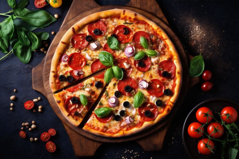 copy meal italian background black cheese tomato table space food fast pizza food. Generative AI.