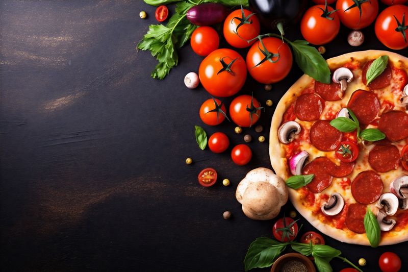 table meal pizza food italian fast black food cheese copy tomato space background. Generative AI.