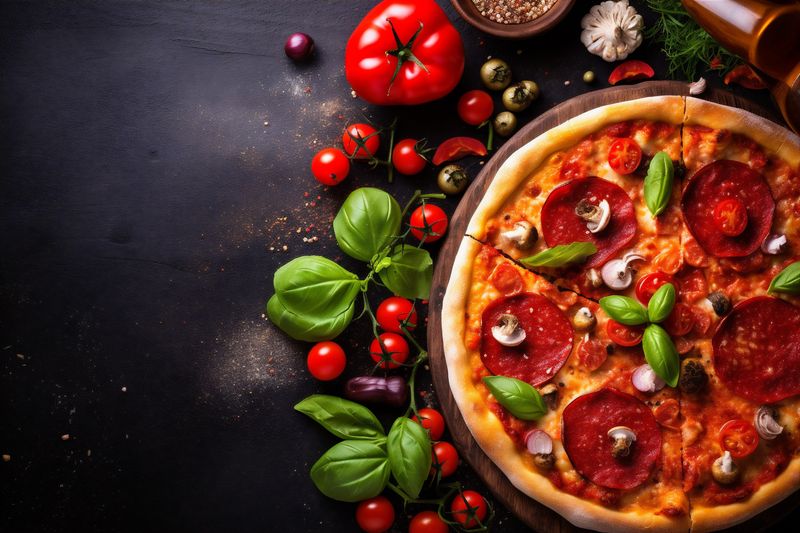 italian pizza food fast tomato cheese black meal copy background food fast space. Generative AI.