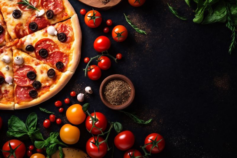 italian food basil cheese food meal background pizza space fast copy tomato black. Generative AI.