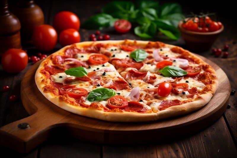 restaurant black food tomato background italian copy cheese food pizza space fast meal. Generative AI.