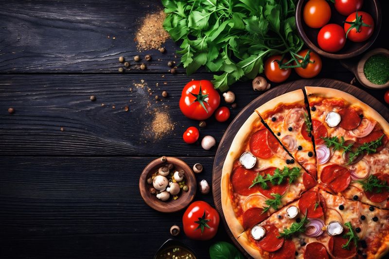 fast top food cheese copy black italian background meal pizza tomato food space. Generative AI.