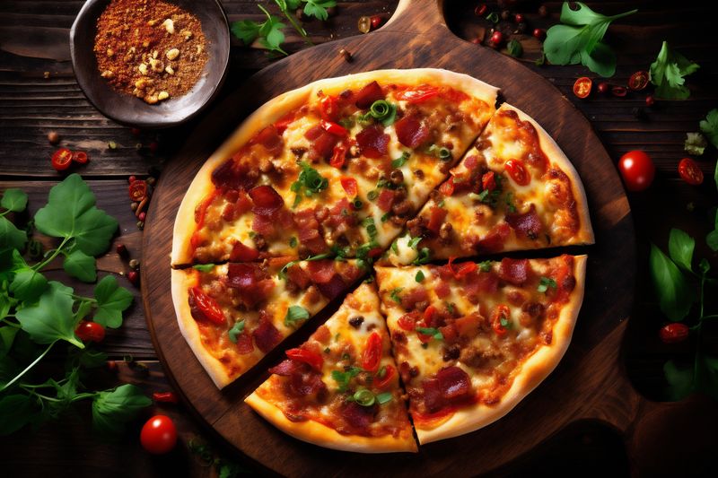 fast space background food italian red food cheese copy tomato pizza meal black. Generative AI.