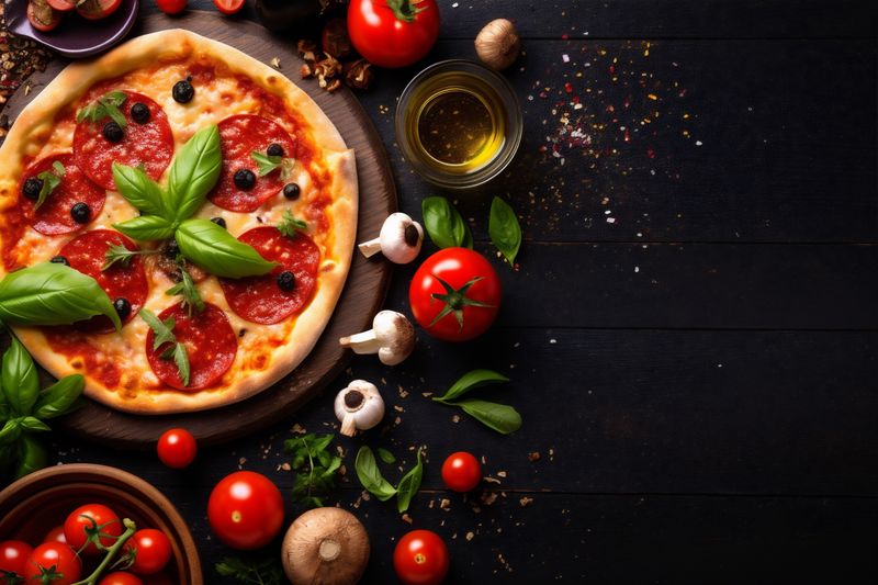 italian tomato food fast black dinner food background cheese copy space meal pizza. Generative AI.