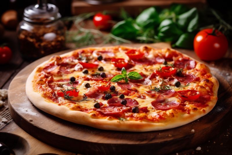 italian pizza fast space food meal black food background copy tomato cheese salami. Generative AI.