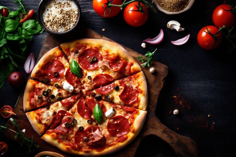 cheese fast meal tomato italian food pizza background food black copy space red. Generative AI.