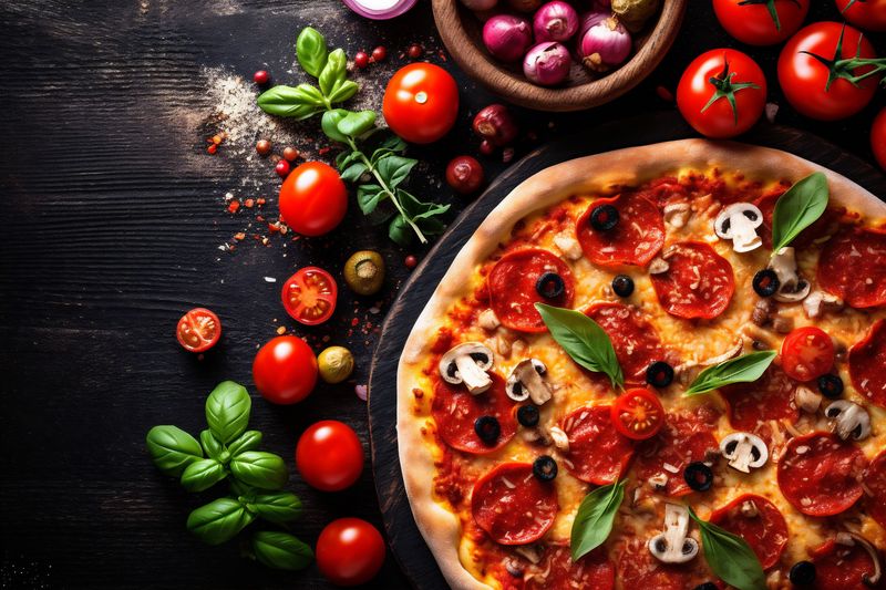 food baked background cheese meal fast copy food pizza italian black tomato space. Generative AI.