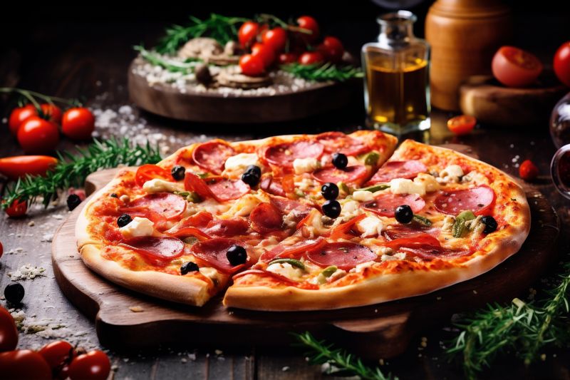 black basil copy meal background tomato space fast italian food cheese pizza food. Generative AI.