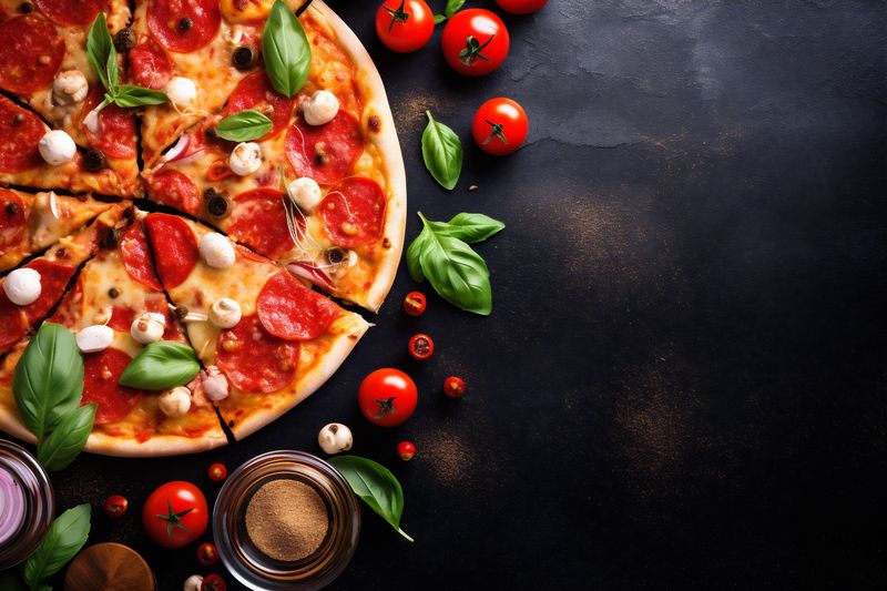 copy food black fast food meal tomato background homemade space pizza cheese italian. Generative AI.