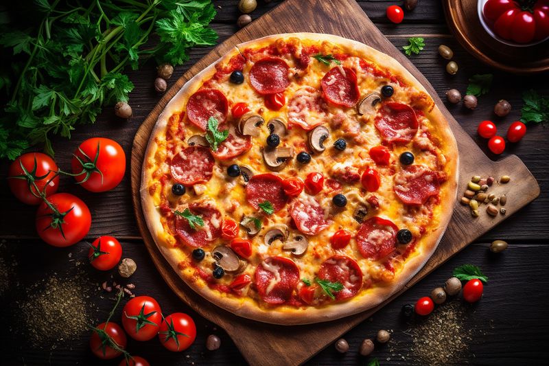 food copy food pizza meal space italian fast background cheese tomato red black. Generative AI.