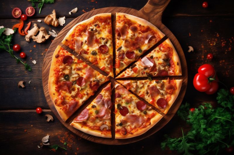 food cooked space copy pizza cheese food background italian black fast meal tomato. Generative AI.