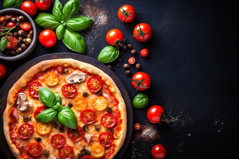 meal mediterranean pizza fast italian copy food space background black tomato food cheese. Generative AI.