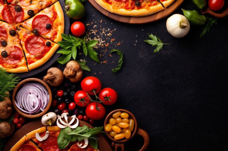 food background pizza black food italian copy herb fast cheese tomato meal space. Generative AI.