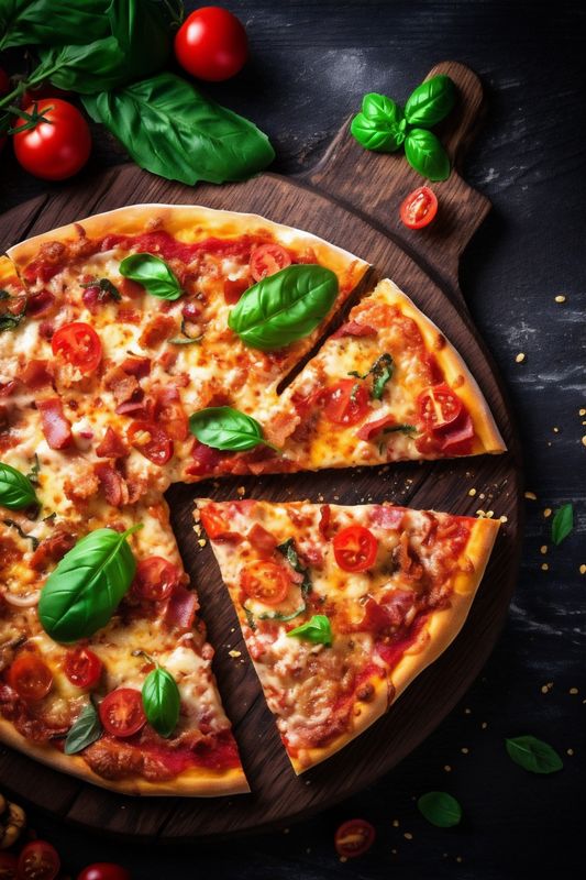 fast tomato black space fast food copy pizza background cheese italian food meal. Generative AI.