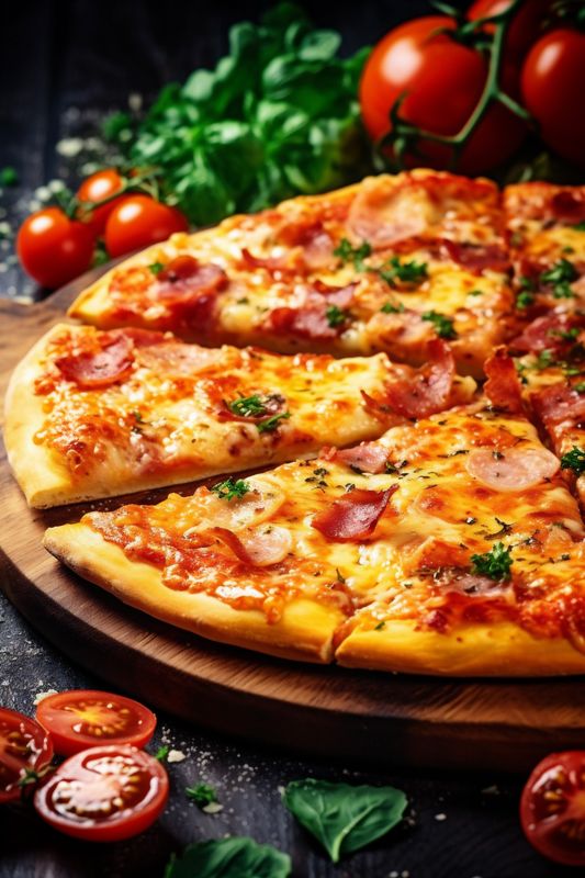 cheese black meal copy food pizza delicious fast tomato italian food background space. Generative AI.