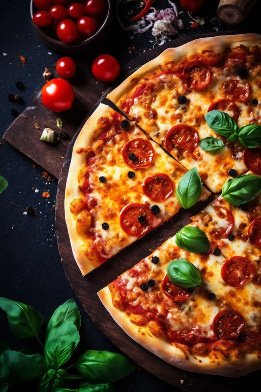 meal space food italian dinner black food tomato pizza fast cheese copy background. Generative AI.