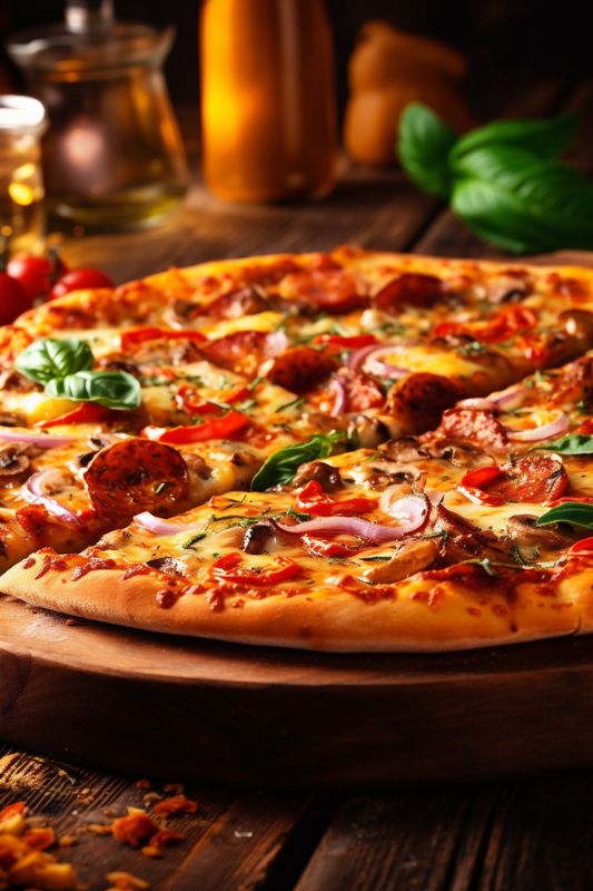 background copy food space meal tomato italian black pizza snack fast cheese food. Generative AI.