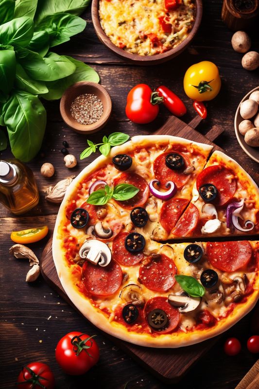 homemade cheese food background space black fast tomato meal pizza italian copy food. Generative AI.