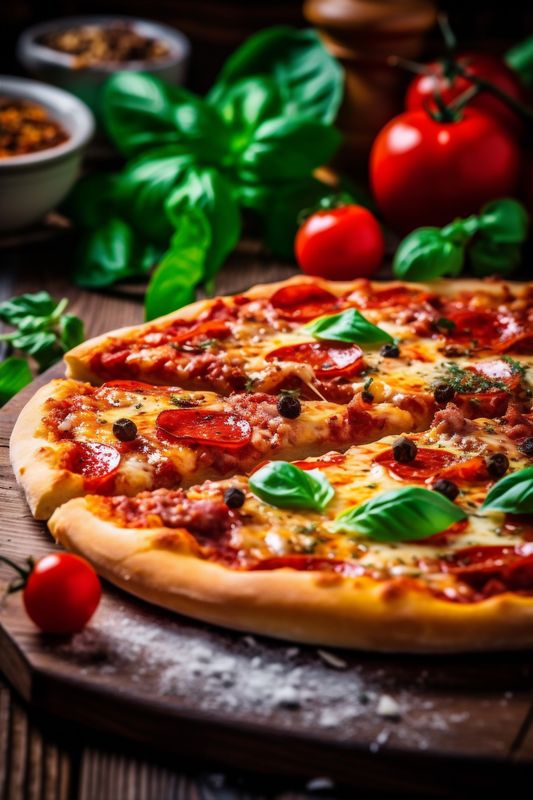 mediterranean black food cheese italian meal tomato pizza food copy space background fast. Generative AI.