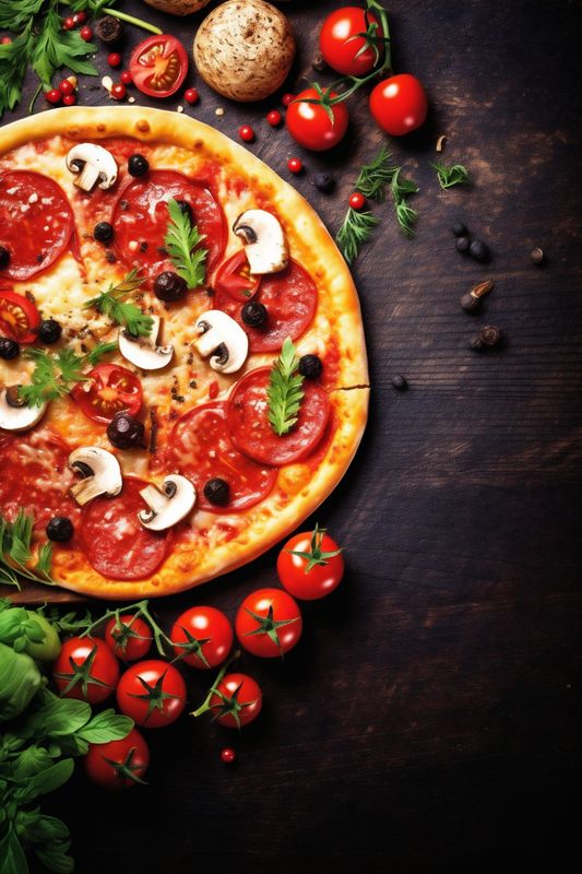 salami italian food space fast background cheese copy pizza meal tomato black food. Generative AI.