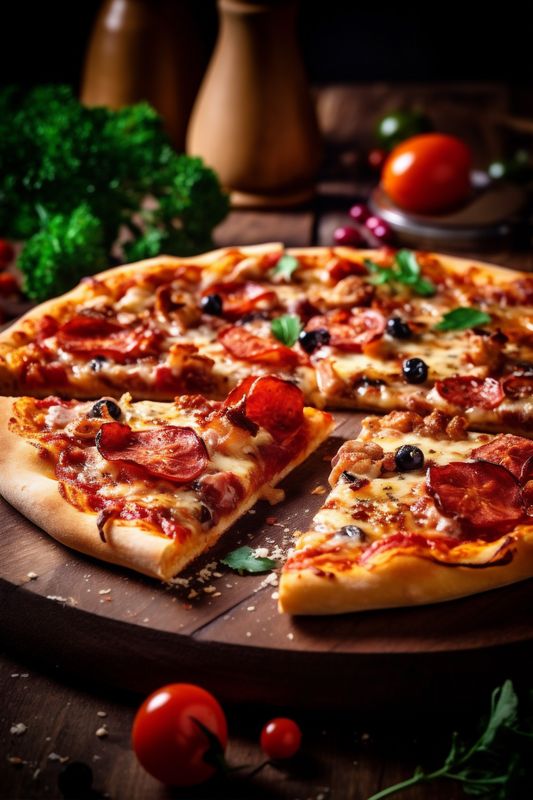 cheese homemade meal pizza fast italian food food copy tomato background space black. Generative AI.