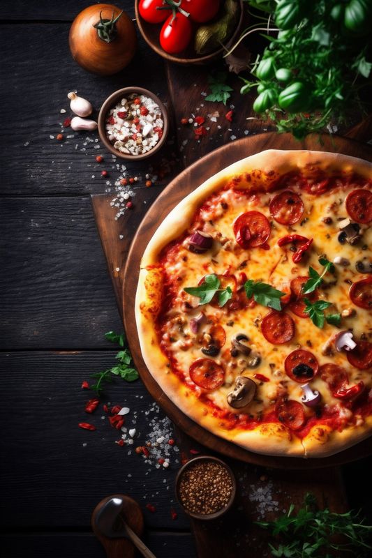 food background pizza fast cheese copy space meal table black tomato italian food. Generative AI.