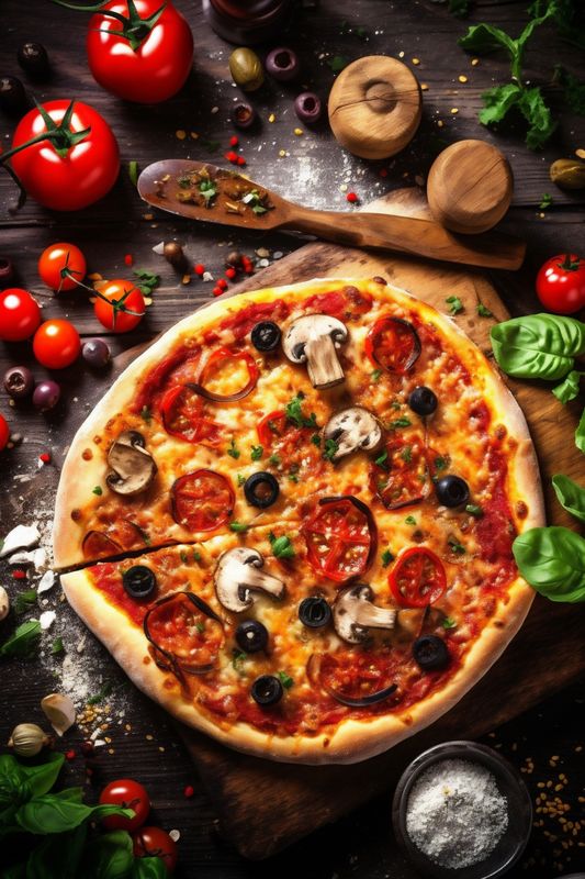 fast tomato food meal italian background cheese space food closeup copy black pizza. Generative AI.