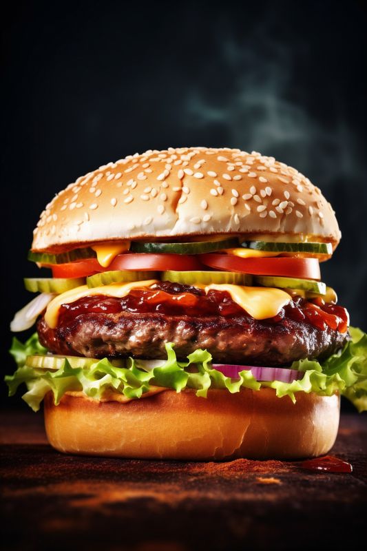 fast burger meat sandwich food snack fast food fat hamburger beef. Generative AI.