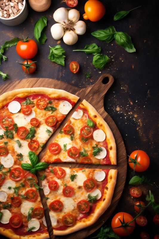 tomato cheese black food background food italian pizza copy space basil meal fast. Generative AI.