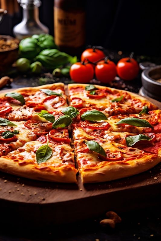 space cheese background fast baked meal food black tomato pizza italian copy food. Generative AI.