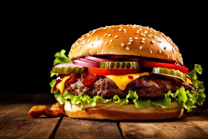 fast beef burger sandwich fat hamburger food meat fast snack food. Generative AI.